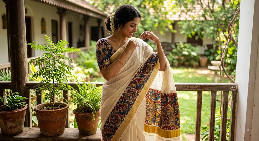 Kalamkari_Peacock_Mandala_Kasavu_Saree:_The_Ultimate_Blend_of_Tradition,_Luxury,_and_Modern_Elegance