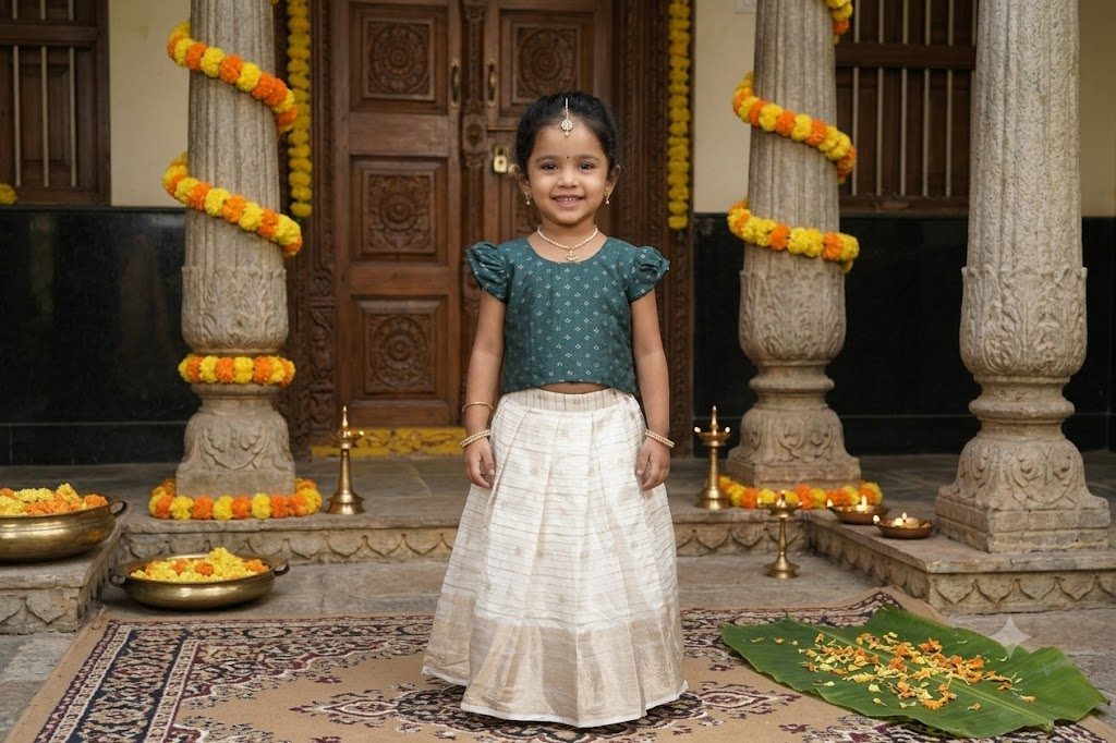 Teal Brocade Pattupavada - Brocade and Tissue silk - GIRLS - KIDS | Trida Fashion