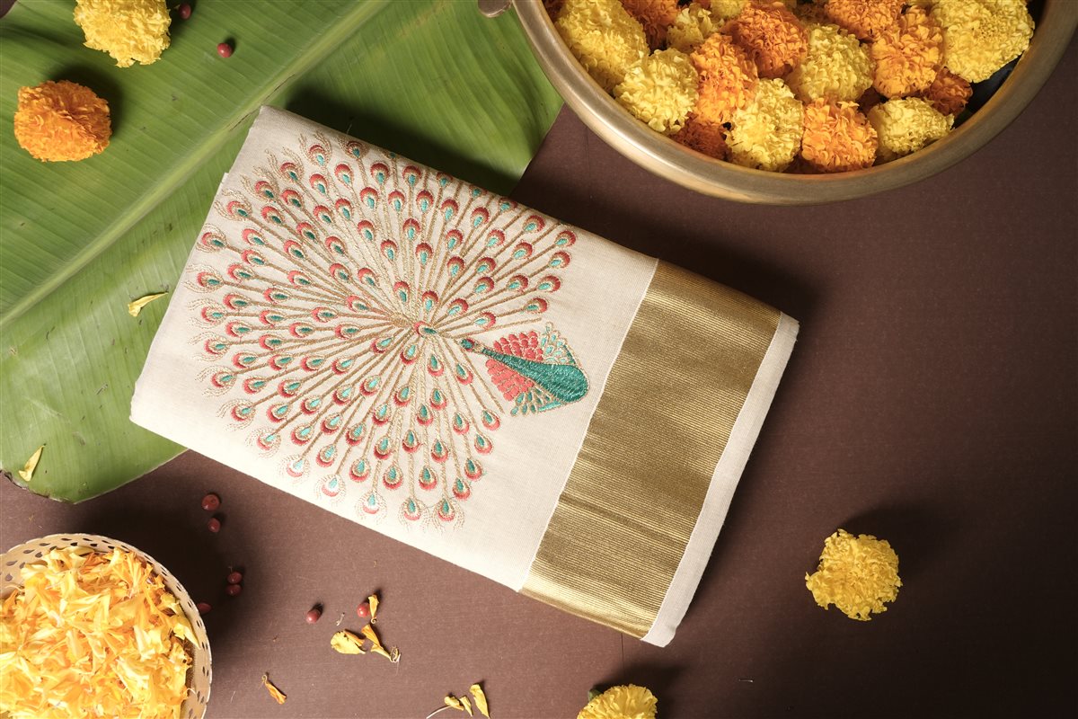 Splendid Peacock Kasavu Saree - Tissue Silk - SAREES - WOMAN | Trida Fashion