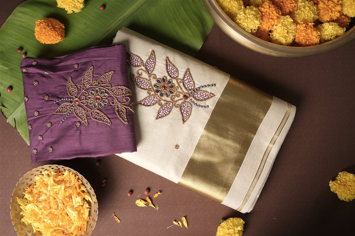 Kasavu Saree with Purple Aari Work - Tissue Silk - SAREES - WOMAN | Trida Fashion