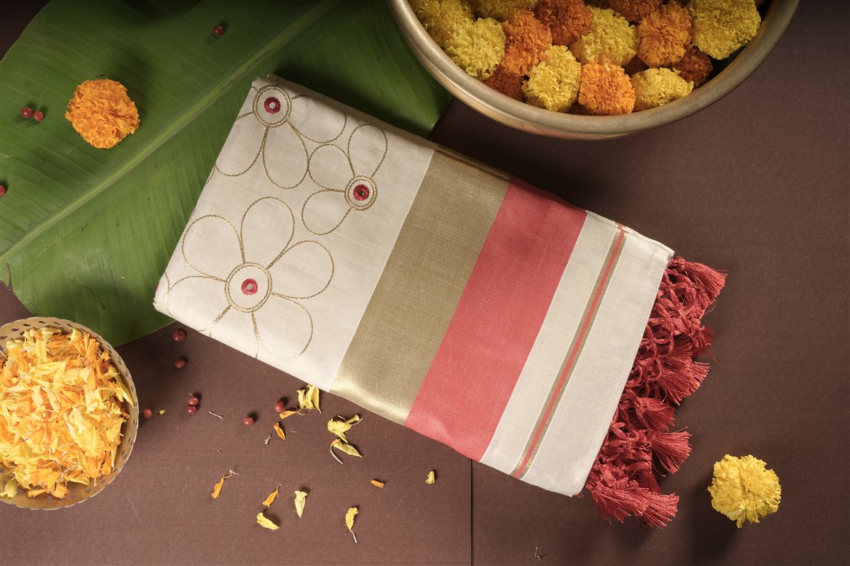 Ruby Petal Shimmer Kasavu saree - Tissue Silk - SAREES - WOMAN | Trida Fashion