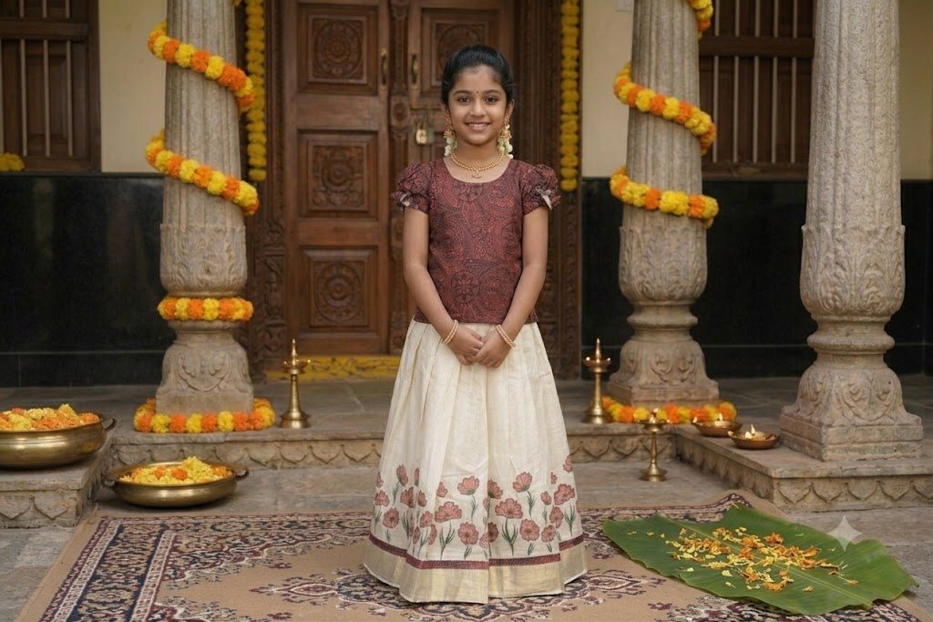Red Floral Pattu Pavada (7-8 years) - Printed Tissue Cotton Silk - GIRLS - KIDS | Trida Fashion