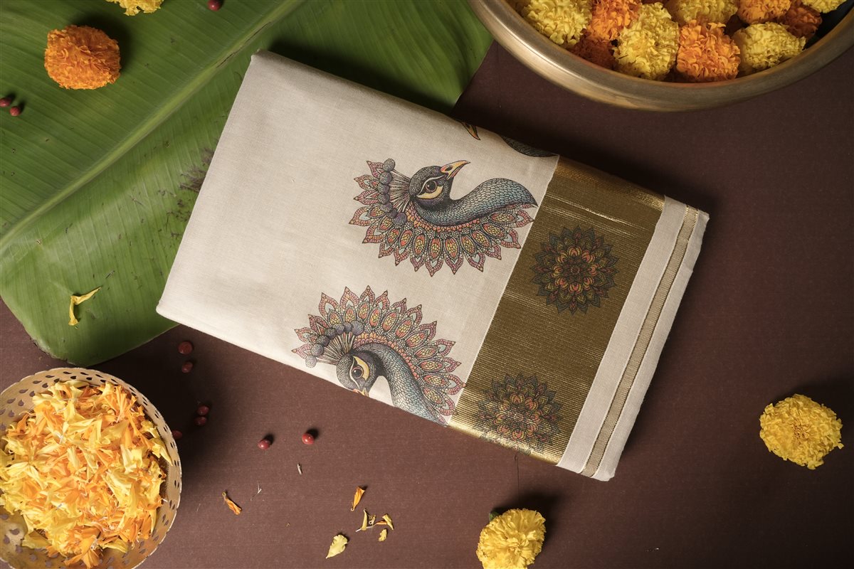 Kalamkari Peacock Mandala Kasavu Saree - Tissue Silk - SAREES - WOMAN | Trida Fashion