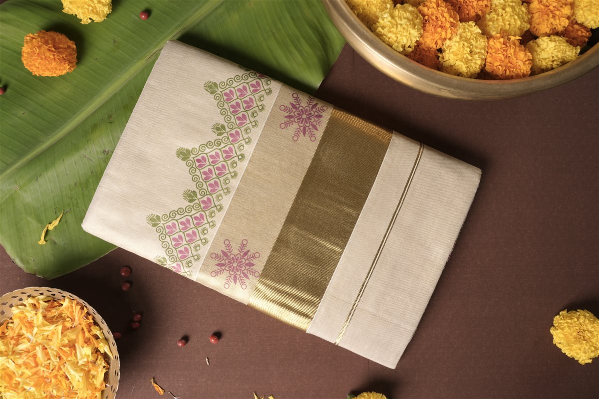 Pastel Kolam Kasavu Saree - Tissue Silk - SAREES - WOMAN | Trida Fashion