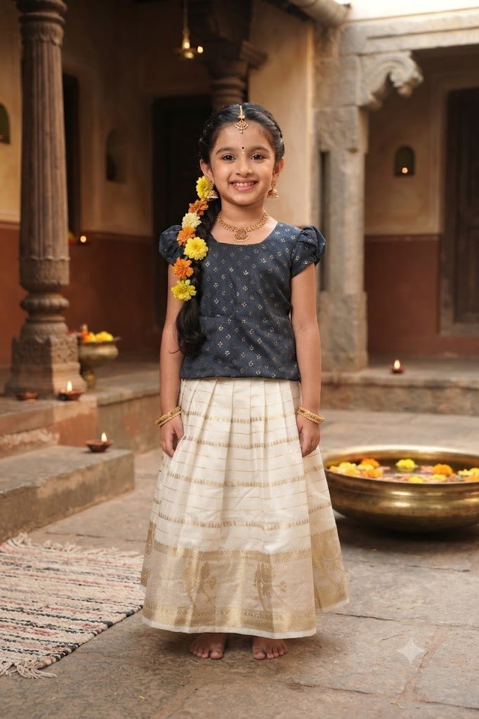 Blue Polka Kasavu Pattu Pavada - Kasavu Tissue Silk - GIRLS - KIDS | Trida Fashion