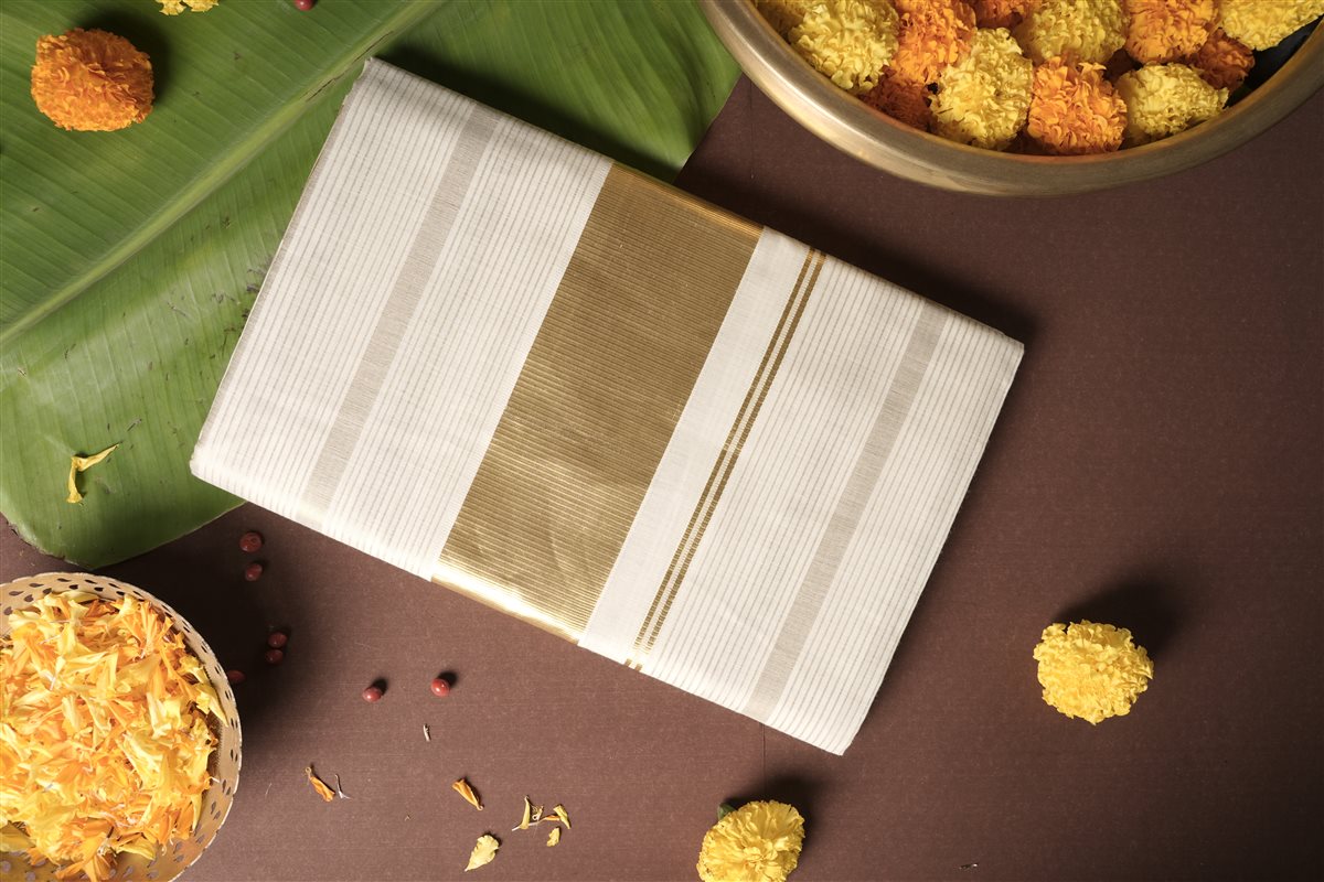 Golden Linear Handloom Saree - Handloom Cotton - SAREES - WOMAN | Trida Fashion