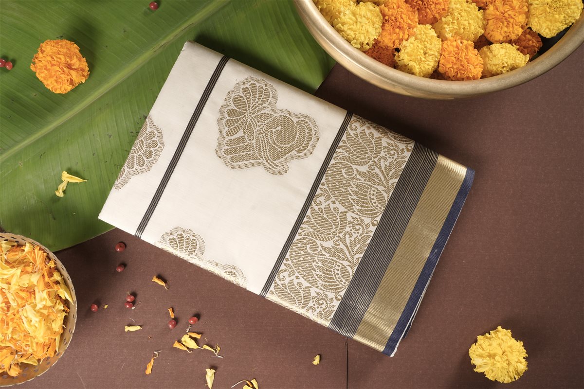 Golden with navy blue Nayika Kasavu saree - Handloom Cotton - SAREES - WOMAN | Trida Fashion
